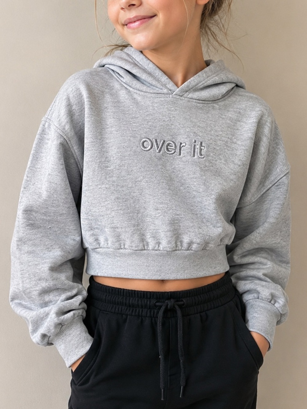 UK Girl Over It Embroidered Cropped Hoodie Girls XS Grey Cozy Casual Sweatshirt